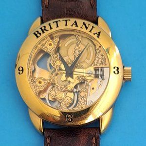 VINTAGE 1990S BRITTANIA SKELETON MEN’S WINDUP WRISTWATCH LEATHER BAND